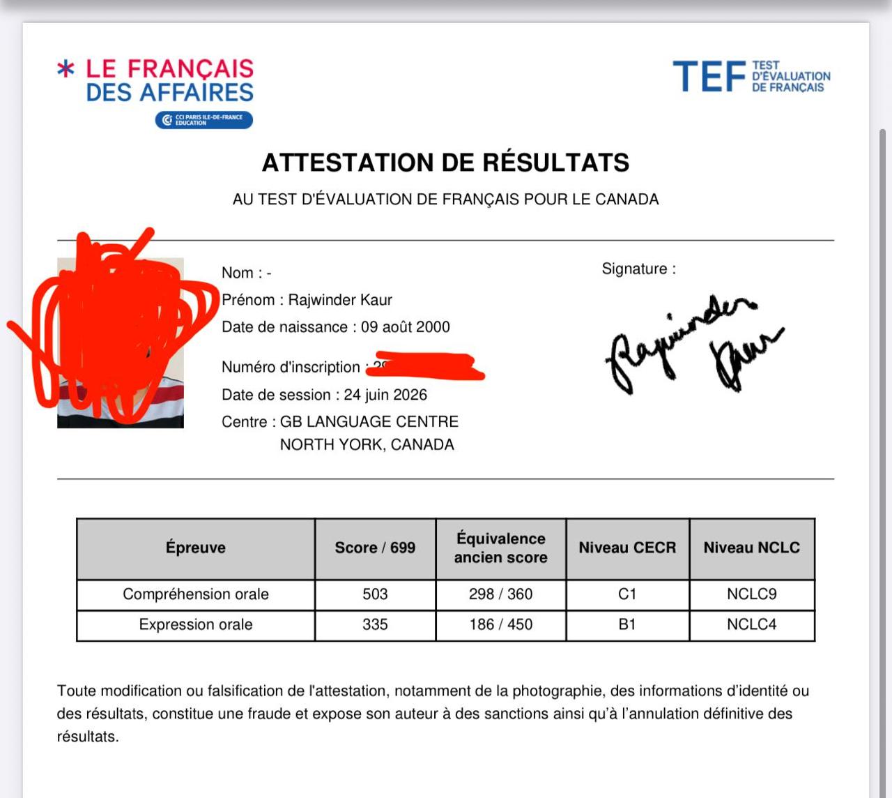 Student French Test Result 1